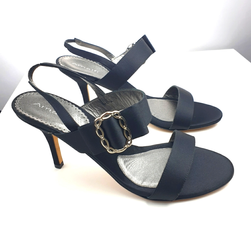 Amalfi black satin sandals buckle detail formal elastic slingback size 8.5